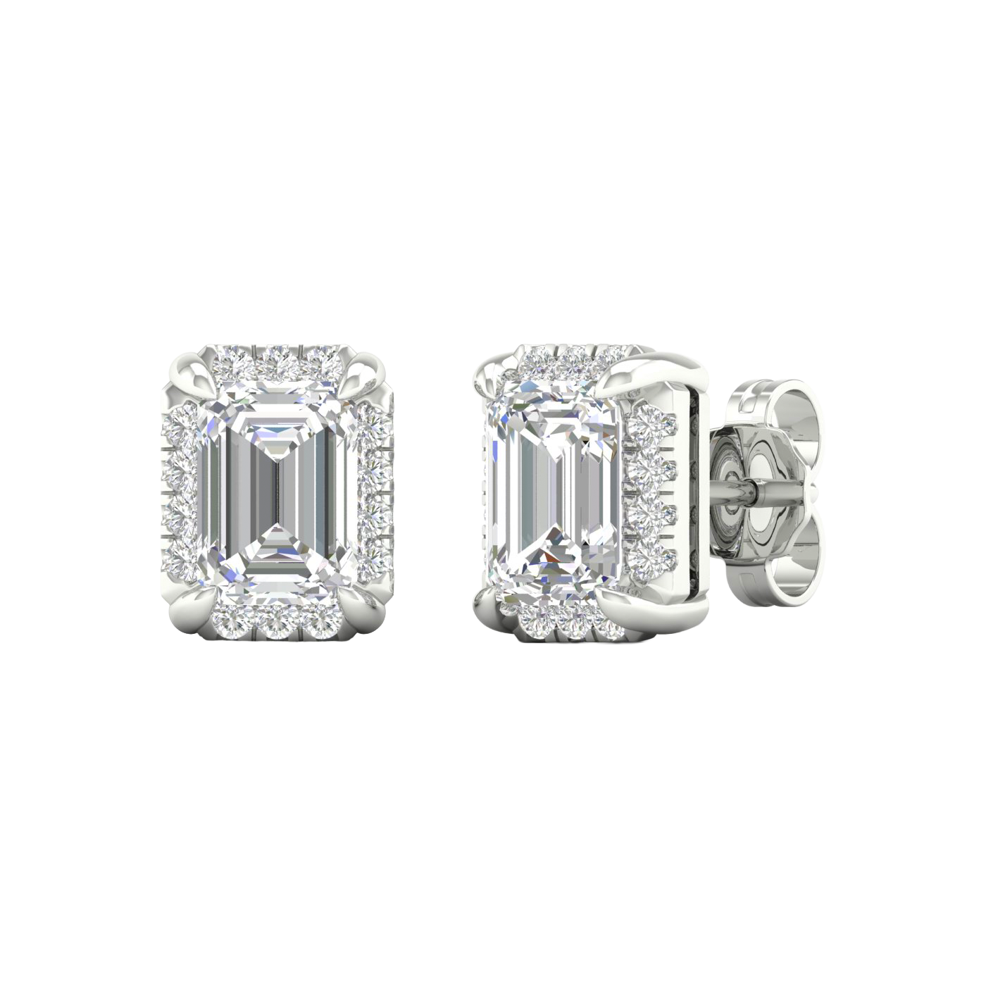 Angled view of white gold emerald-cut halo diamond stud earrings highlighting the clean step-cut facets, halo sparkle, and polished metal finish.