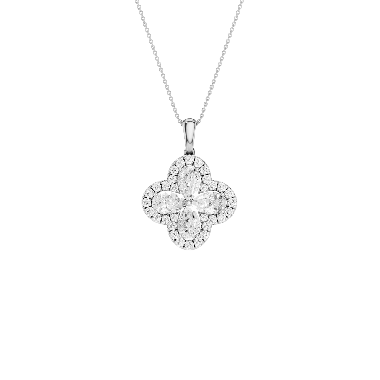 Front view of a white gold pendant necklace featuring a floral-inspired design with white diamonds on a delicate chain.
