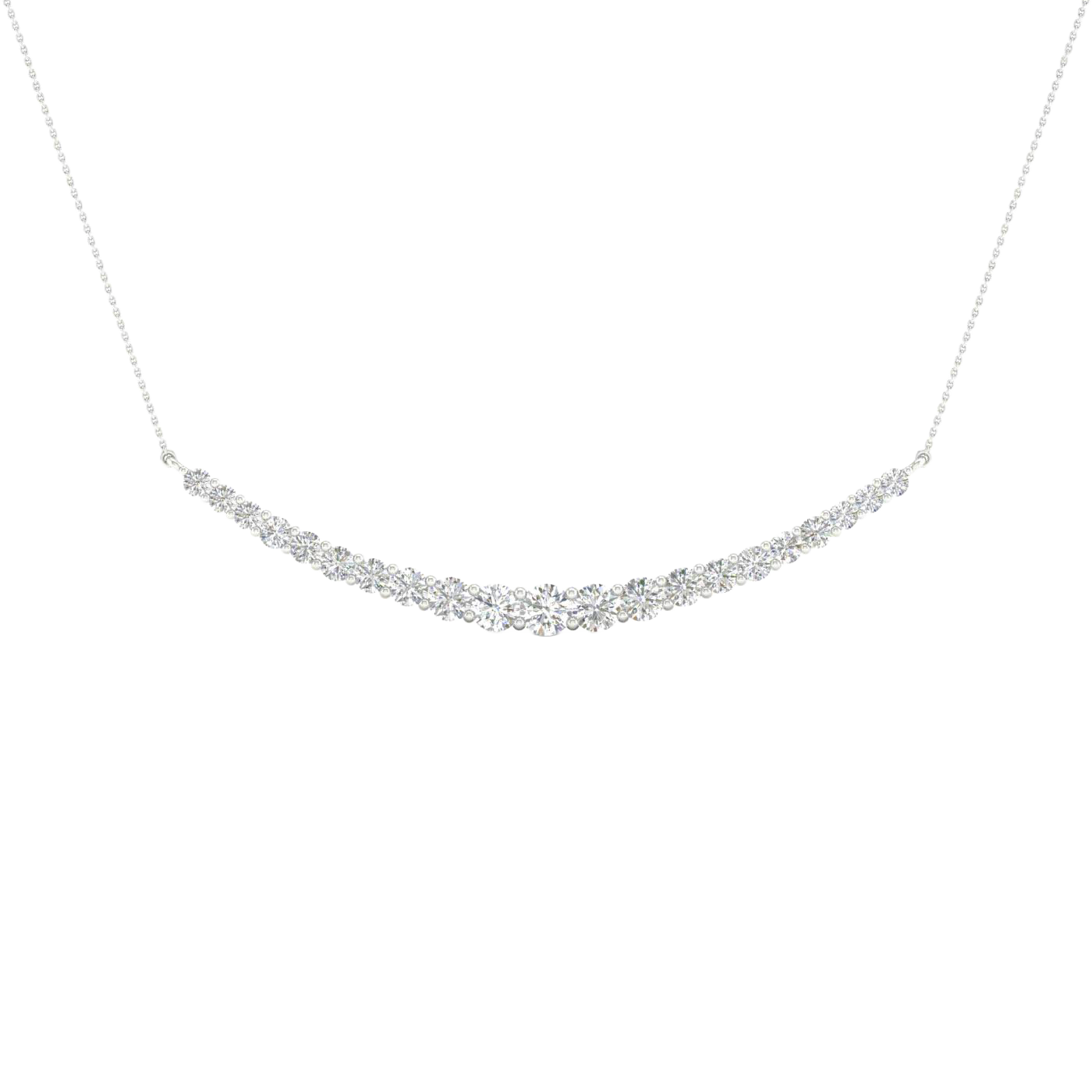 Front view of a white gold necklace featuring pavé white diamonds set along a curved centerpiece on a delicate chain.