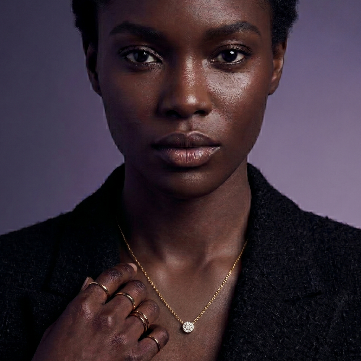 A portrait photograph of a Black woman with short hair, wearing a black textured blazer and a delicate gold chain necklace with a single round diamond cluster pendant. She is looking at the camera, and multiple gold ring bands are visible on her left hand, which is held up. The background is a smooth gradient of deep violet.
