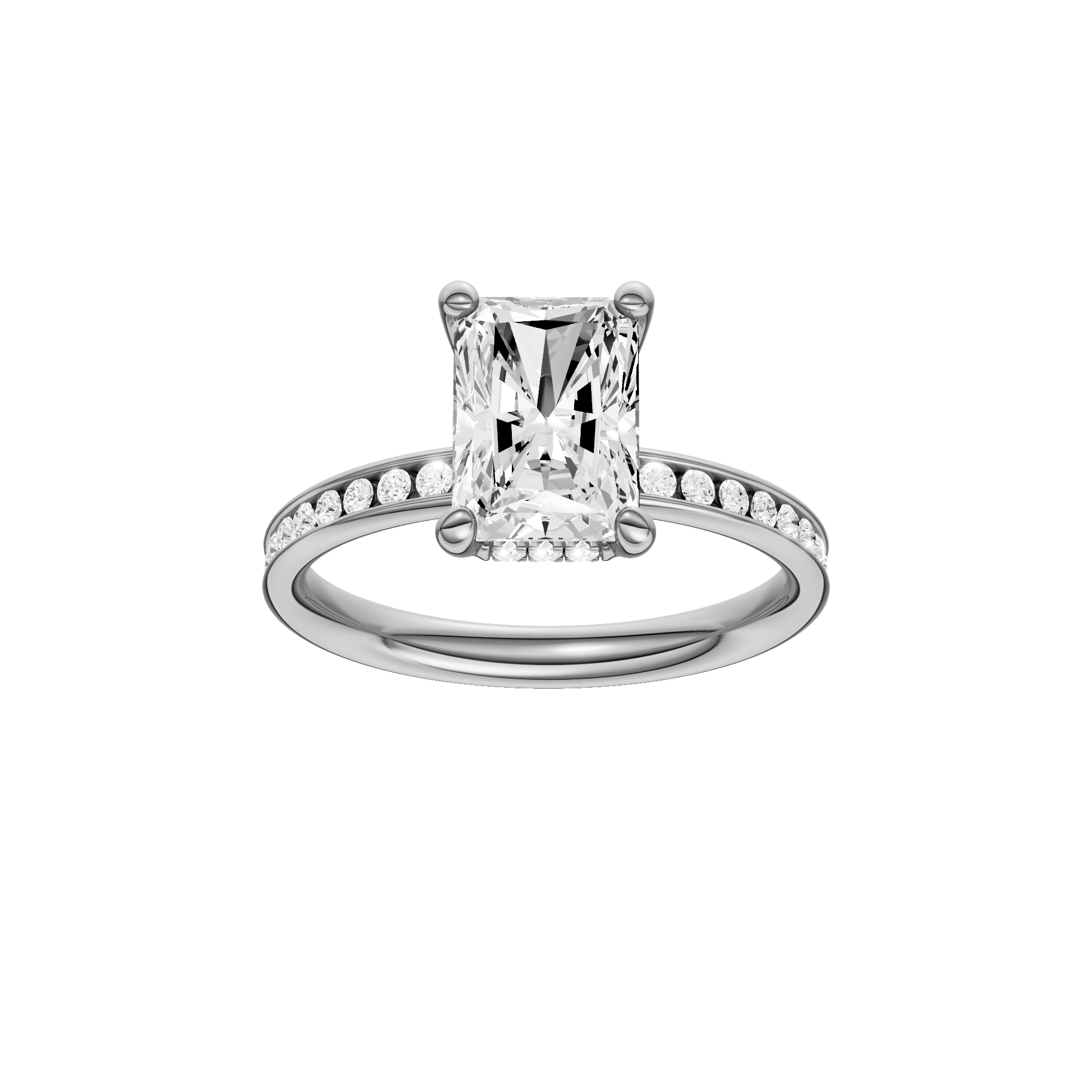 A front view of the Radiant cut diamond engagement ring in 14k white gold with a diamond channel band and cathedral setting