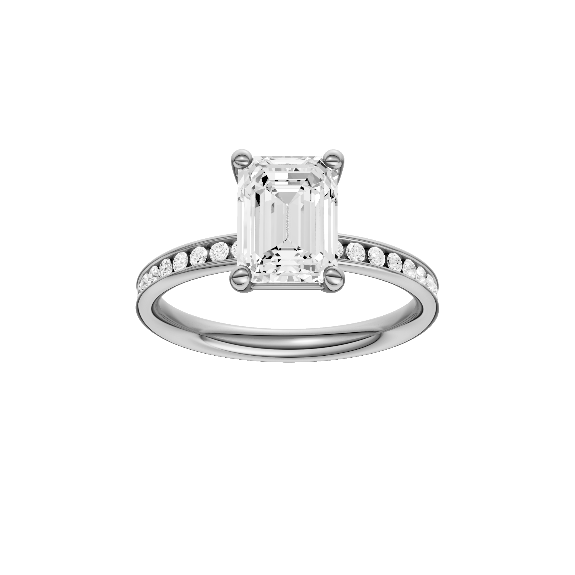 A front view of the Emerald cut diamond engagement ring in 14k white gold with a diamond channel band and cathedral setting