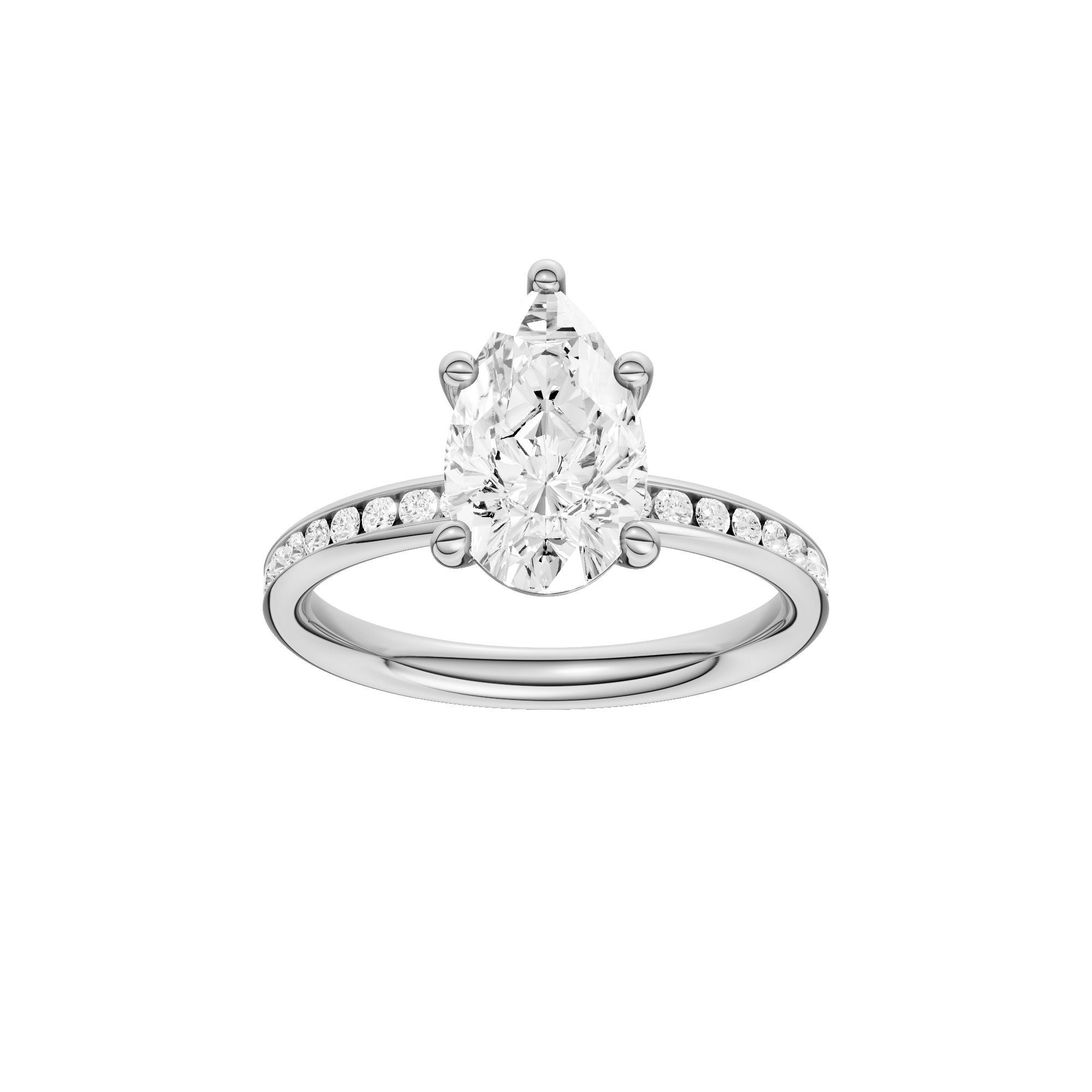 A front view of the Pear cut diamond engagement ring in 14k white gold with a channel band and solitaire setting