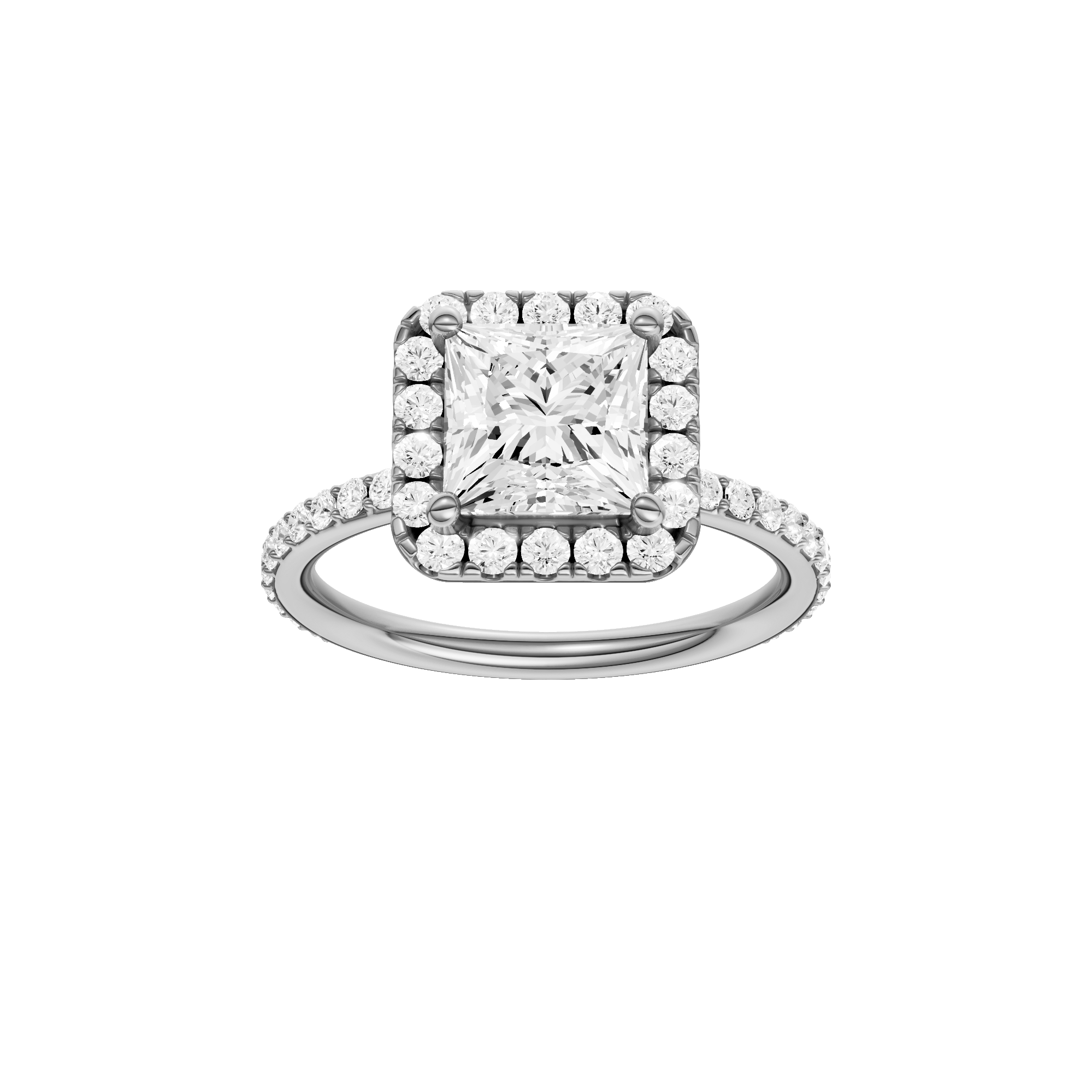 A front view of the Princess cut diamond engagement ring in 14k white gold with a prong diamond band and cathedral setting