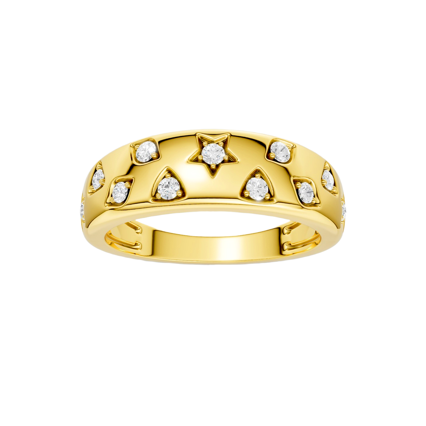 A high-polish 14k yellow gold dome ring by Amorati featuring scattered star and geometric insets with shimmering round-cut diamonds. Amorati’s signature F O U R T E E N T H Collection.