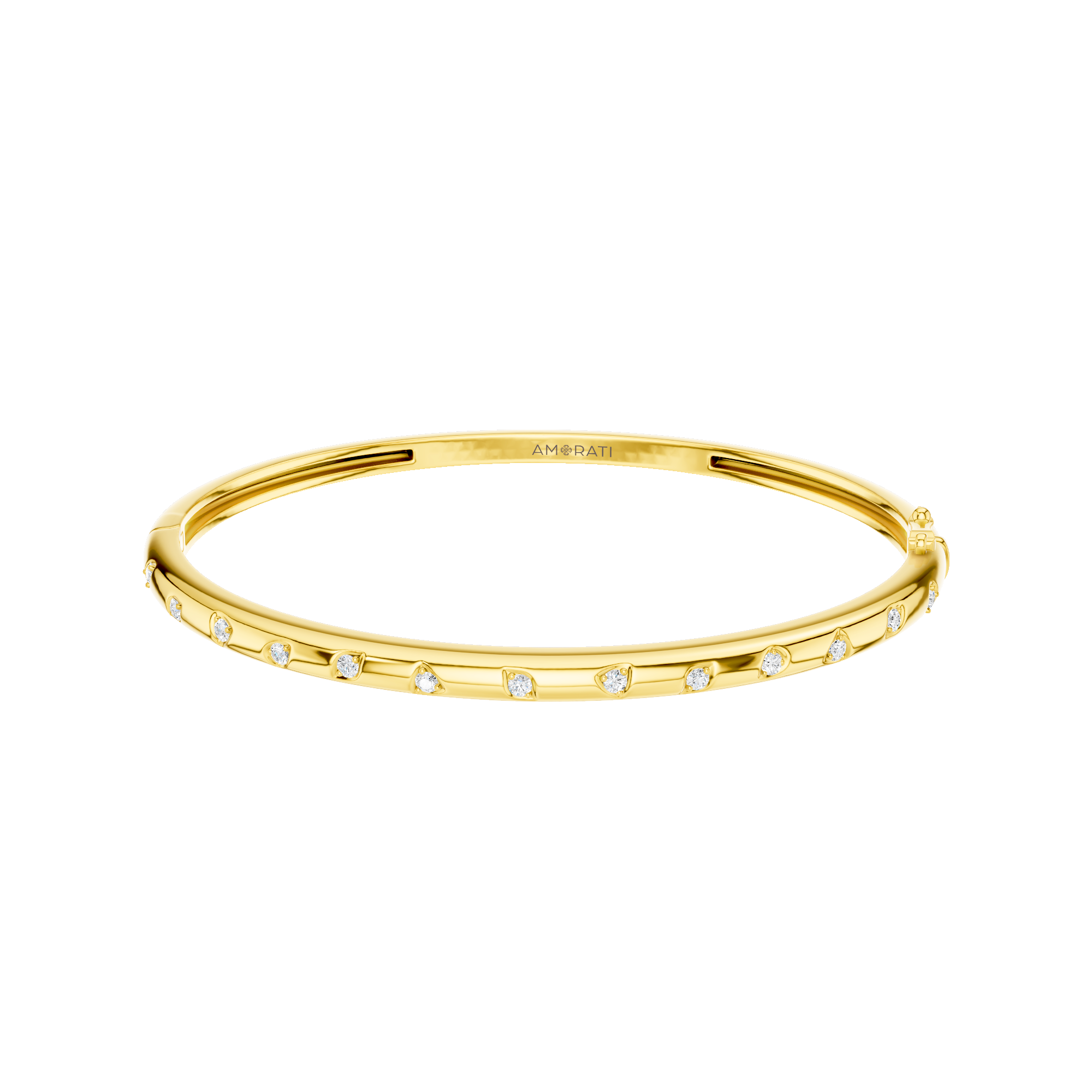 A substantial, high-polish 14k yellow gold wide cuff from the Amorati Fourteen Collection, featuring scattered star and geometric insets with shimmering round lab-grown diamonds.