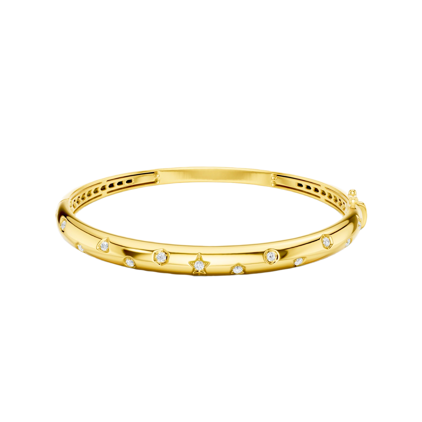 A bold, high-polish 14k yellow gold statement bangle by Amorati featuring scattered star and geometric insets with shimmering round-cut lab-grown diamonds. Amorati’s signature F O U R T E E N T H Collection