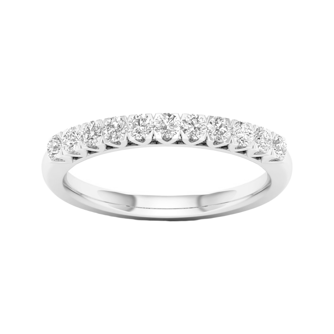 A refined 14k white gold half eternity ring showcasing a shimmering row of premium round-cut lab-grown diamonds.
