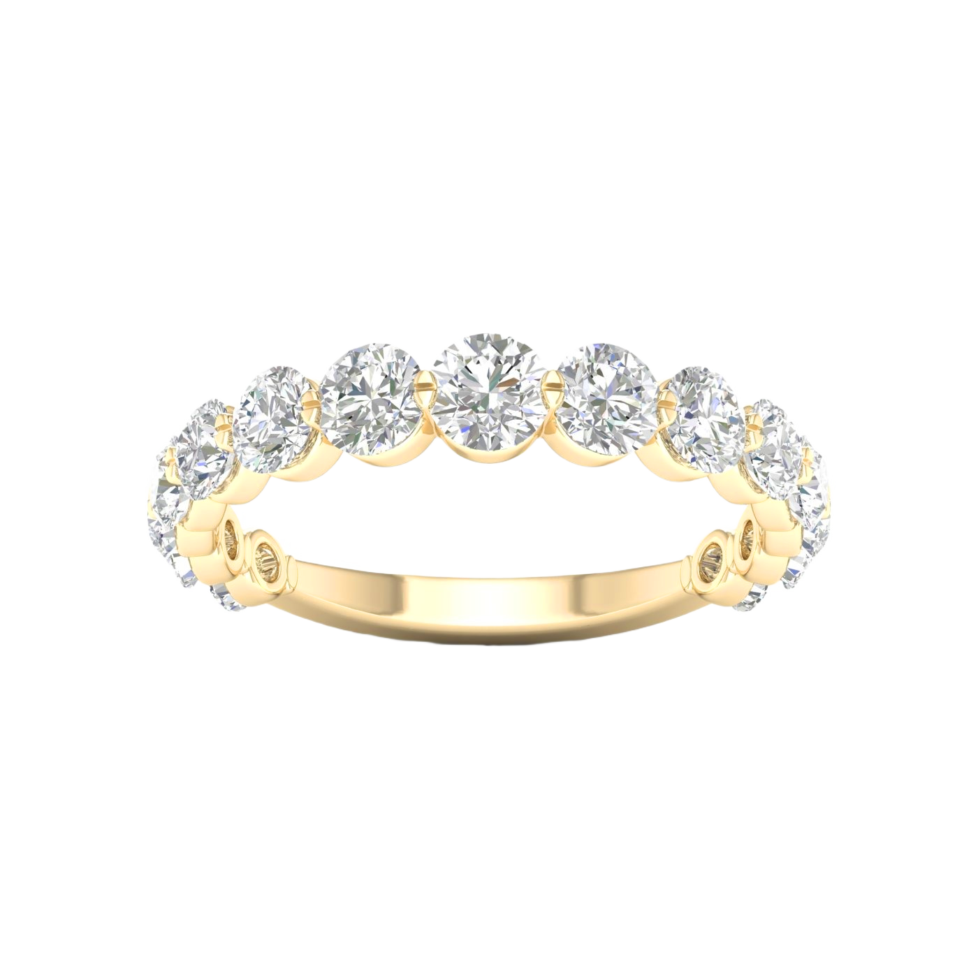 A luxurious 14k yellow gold 2/3 eternity wedding band featuring 1.5 total carats of graduated round-cut lab-grown diamonds.