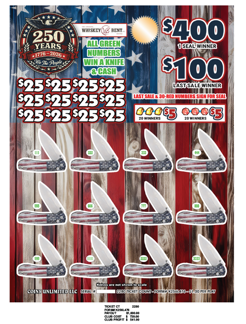 250 YEARS (knife board) 2280CT WHISKEY BENT $749/