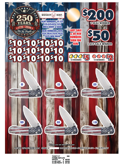250 YEARS (knife board) 990CT WHISKEY BENT Cost $3