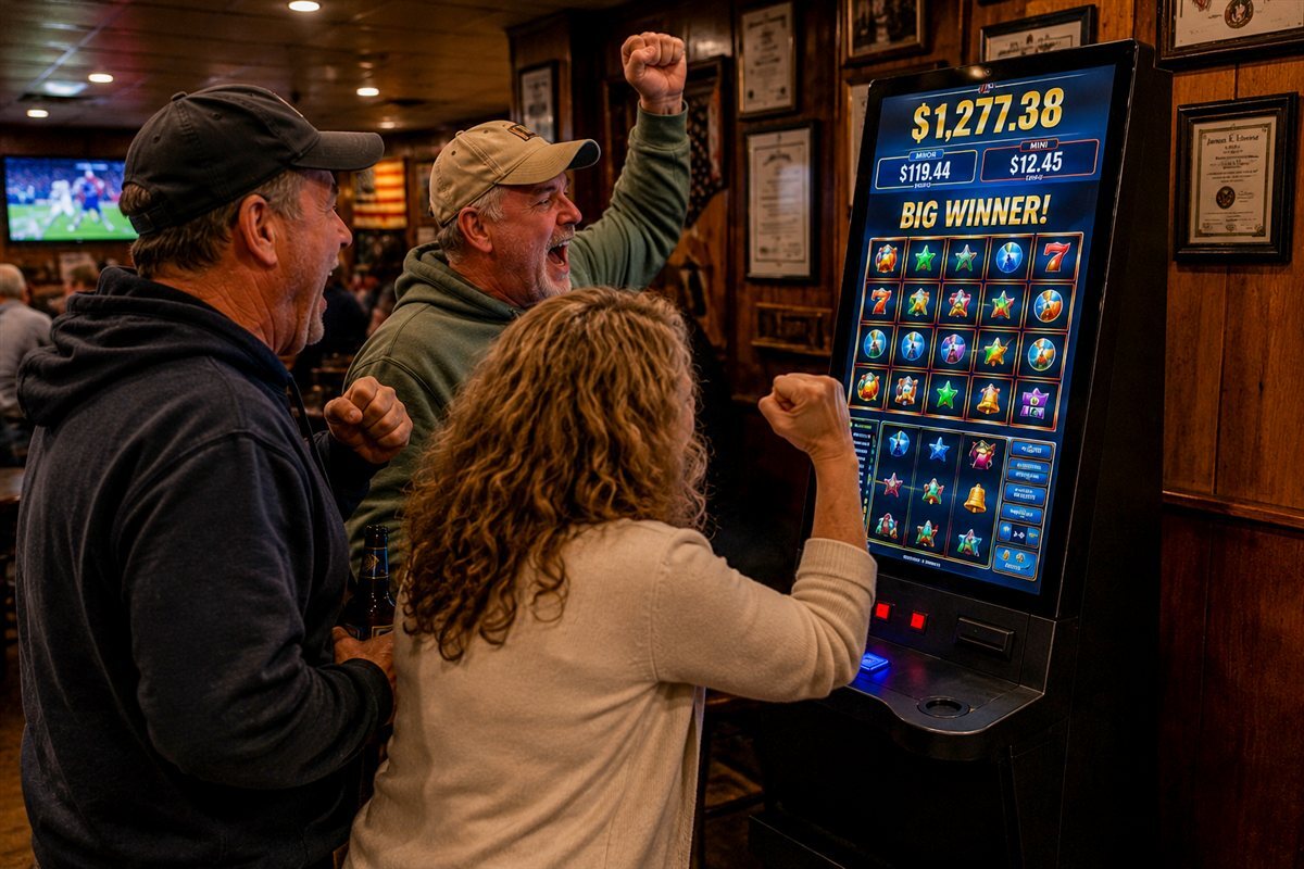 Members celebrating a win at an e-tab machine