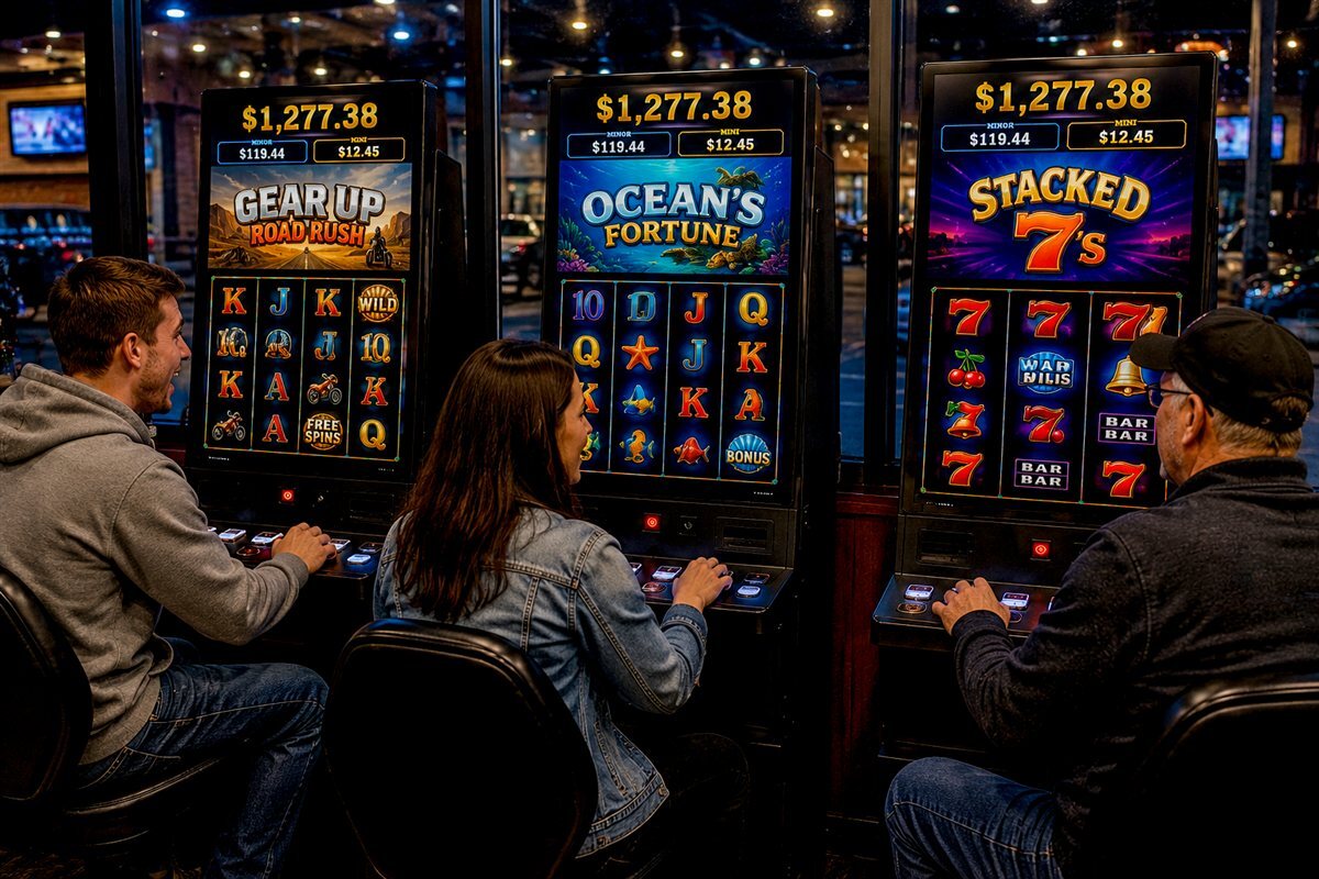 Row of three e-tab machines with seated players