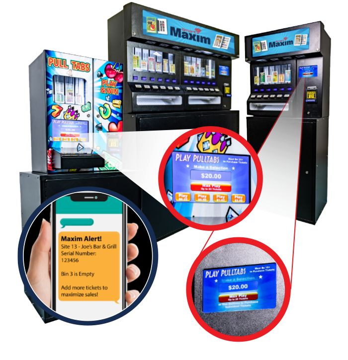Smart Maxim ticket dispenser machines with touchscreen and alert features