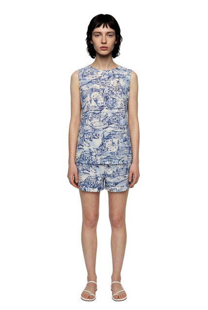 Classic blue‑and‑white toile short set by KaMIT Sport. Lightweight, breathable, and perfect for summer travel, sightseeing, and effortless warm‑weather style.