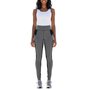 Woman wearing high-rise color block leggings with black slimming panels, grey  accents, and side pockets, standing in a sporty pose.