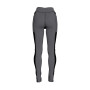 High-rise color block leggings with black slimming panels, grey accents, and side pockets, standing in a sporty pose.