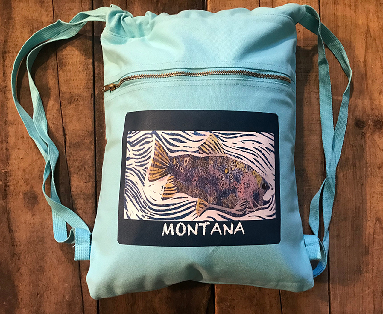 Fish (Block Print) Montana, or Custom Location Boho Cotton Canvas Backpack