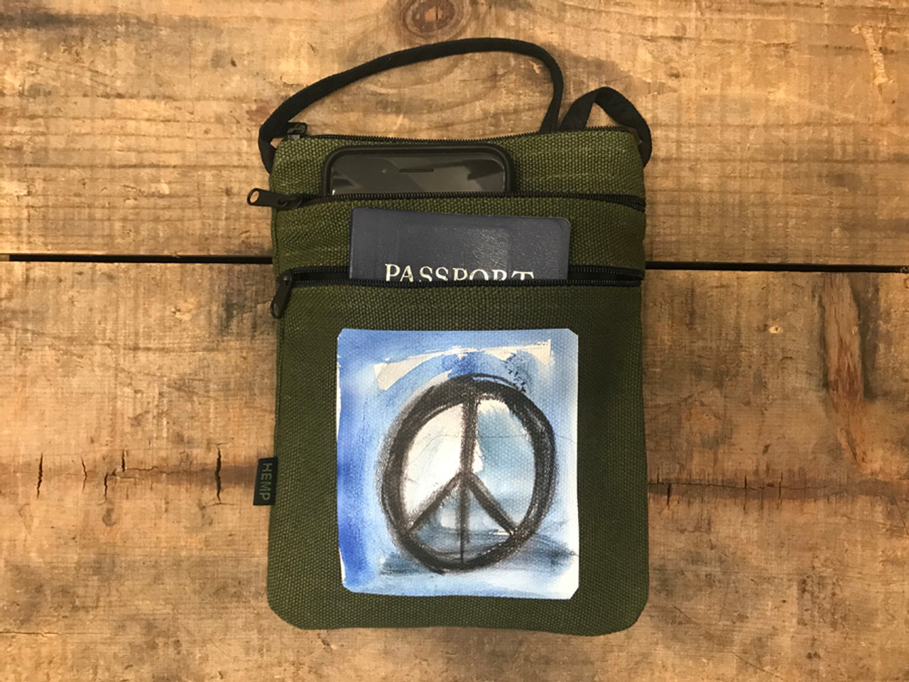 Peace Sign Hemp 3 Zip Cross Body Bag/Purse