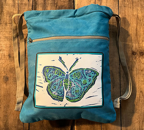 Blue Butterfly (Block Print) Cotton Canvas Boho Cinch Style Backpack