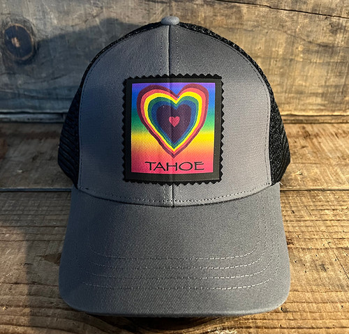 Rainbow Love Heart Love, Tahoe, Nevada, or Custom Trucker Hat Organic Cotton Recycled Polyester