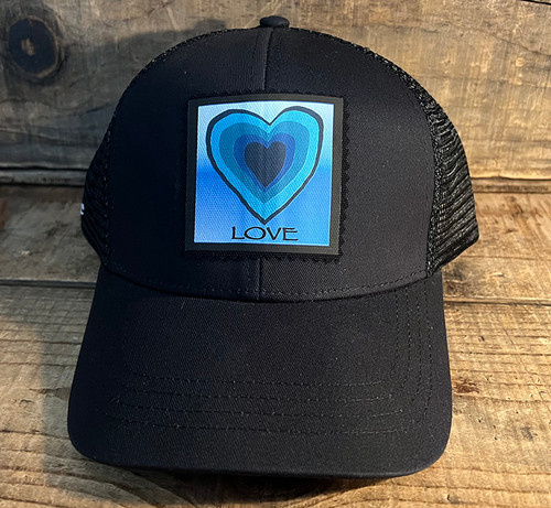 Blue Hearts Love, Tahoe or Custom Location Trucker Hat Organic Cotton & Recycled Polyester Blue Hearts Love, Tahoe or Custom Location Trucker Hat Organic Cotton & Recycled Polyester