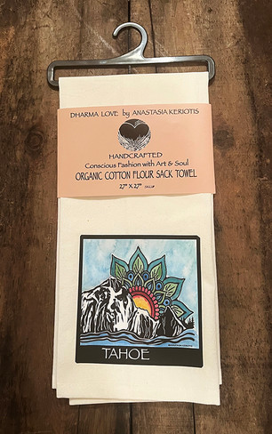Dharma Love Tea Towel (Kitchen Towel) Organic Cotton Flour Sack Towel Mountain Mandala Sunrise Tahoe, Truckee, Custom Location, or Without Text