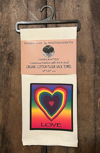 Dharma Love Tea Towel (Kitchen Towel) Organic Cotton Flour Sack Towel Rainbow Hearts of Love, Tahoe, or Truckee