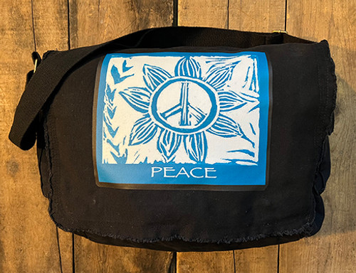 Sunflower Peace Sign  (block print) Cotton Canvas Messenger Bag