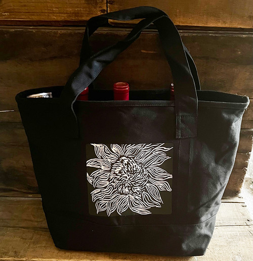Black Sunflower (woodcut)  Wine, Growler Cotton Canvas Tote Bag