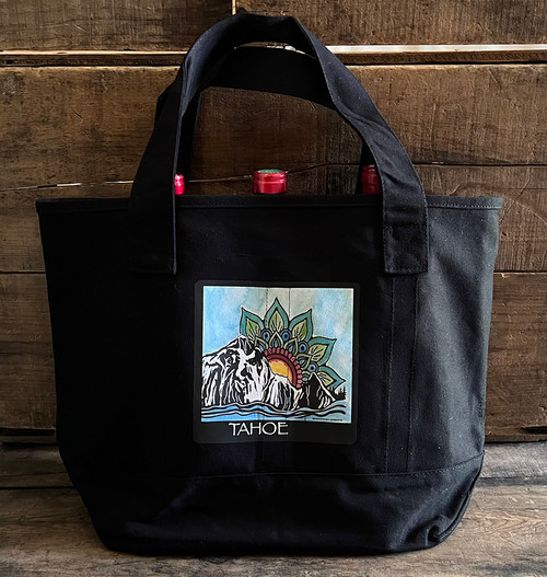 Mountain Mandala Sunrise Fallen Leaf Lake, Tahoe, Nevada,  Custom or No Text Cotton Canvas Wine Growler Tote Bag