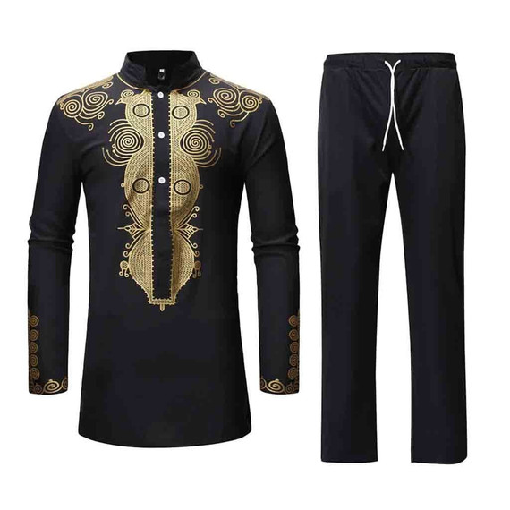 Sable Hub Men's Dashiki Set | African Attire Shirt and Pants Gold Print | African Wedding