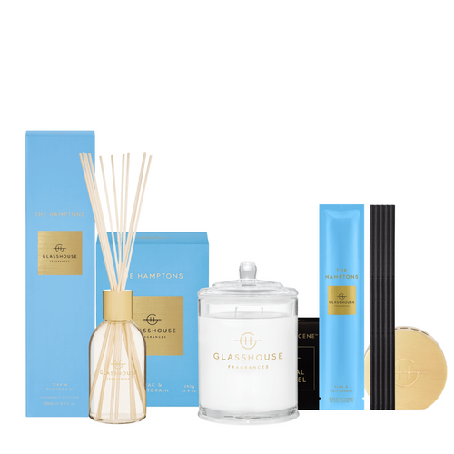 Bundle - Glasshouse - Glasshouse Fragrances The Hamptons Signature Bundle - Candle, Diffuser, Stems & Stand (worth $150) - The Gift Company Bundle - Glasshouse - Glasshouse Fragrances The Hamptons Signature Bundle - Candle, Diffuser, Stems & Stand (worth $150) - The Gift Company