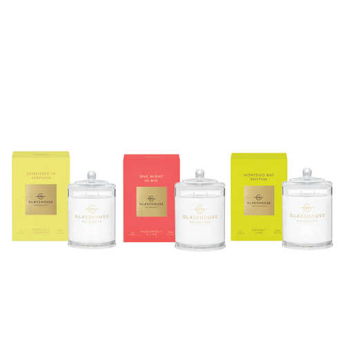 Glasshouse Fragrances Season’s Freshest Scents Candle Bundle: Sunkissed in Bermuda Candle (380g), Montego Bay Rhythm Candle (380g), One Night in Rio Candle (380g)