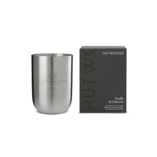 Hutwoods Vanilla & Oakmoss Silver Vessel Candle 375g 80+ Hours Burn Time - The Gift Company