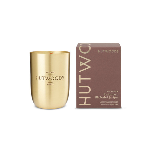 Hutwoods Redcurrant, Rhubarb & Juniper Brass Vessel Candle 375g 80+ Hours Burn Time - The Gift Company