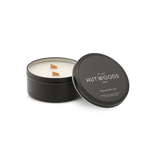 Hutwoods Thyme & Olive Leaf Black Travel Tin Candle Large 340g 50+ Hours Burn Time - The Gift Company