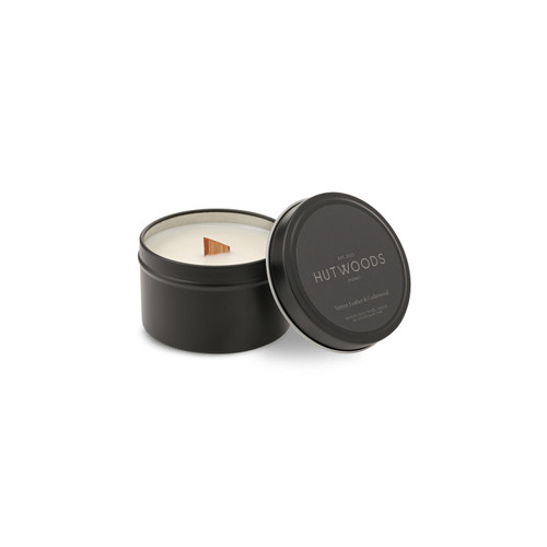 Hutwoods Vetiver, Leather & Cedarwood Black Travel Tin Candle Small 120g 25 Hours Burn Time - The Gift Company