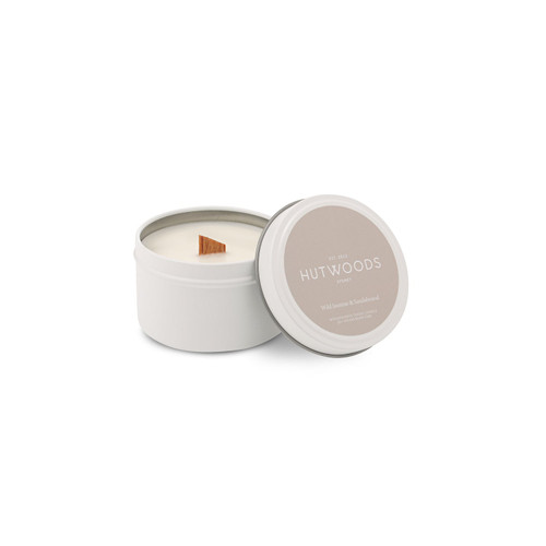 Hutwoods Wild Jasmine & Sandalwood White Travel Tin Candle Small 120g 25 Hours Burn Time - The Gift Company