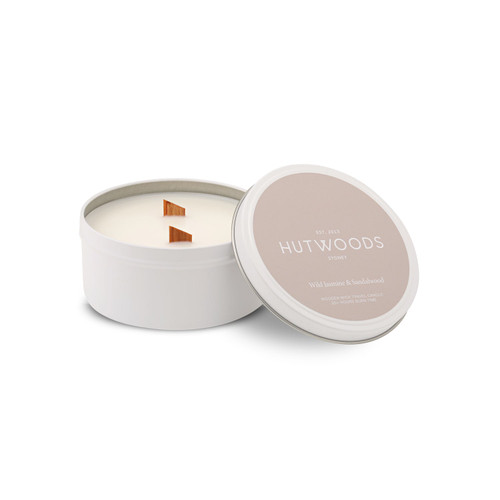 Hutwoods Wild Jasmine & Sandalwood White Travel Tin Candle Large 340g 50+ Hours Burn Time - The Gift Company