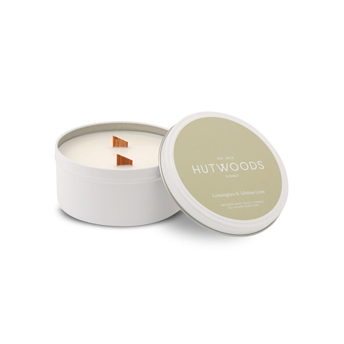 Hutwoods Lemongrass & Tahitian Lime White Travel Tin Candle Large 340g 50+ Hours Burn Time - The Gift Company