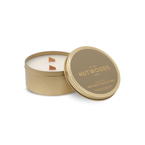 Hutwoods Baked Apple, Cinnamon & Vanilla Gold Travel Tin Candle Large 340g 50+ Hours Burn Time - The Gift Company