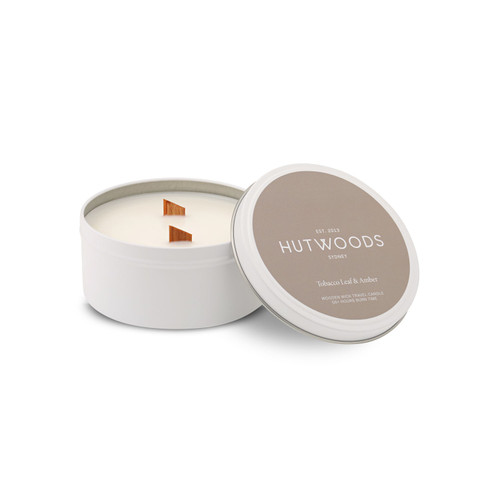 Hutwoods Tobacco Leaf & Amber White Travel Tin Candle Large 340g 50+ Hours Burn Time - The Gift Company