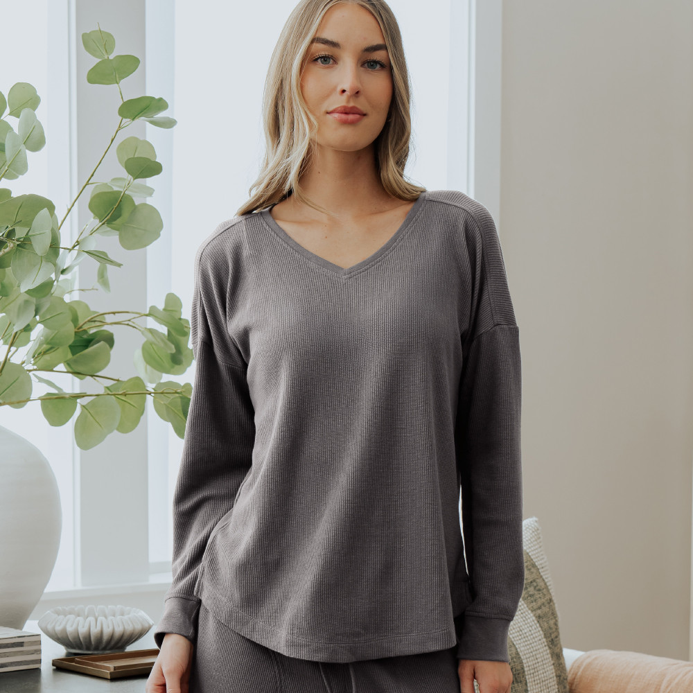 Waffle-Knit Drop Shoulder Long Sleeve