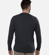 back view of guy wearing charcoal long sleeve crew tee