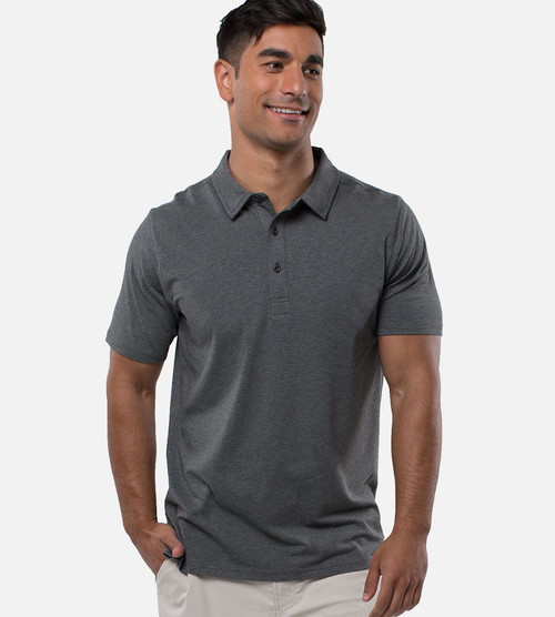 front view of model wearing carbon heather polo