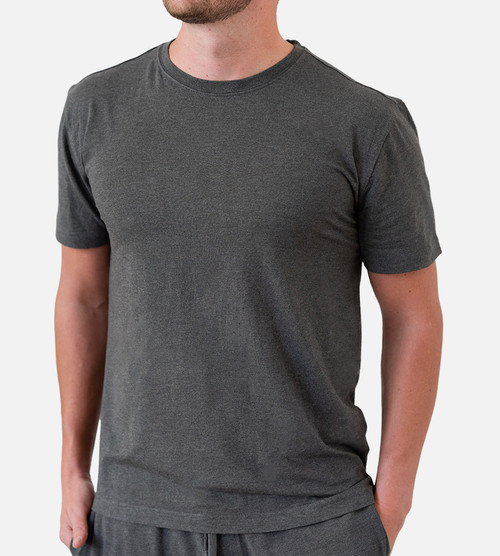 front view of model wearing charcoal heather crew
