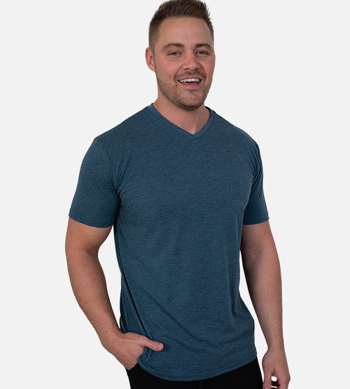 front view of model wearing bermuda blue v-neck tee