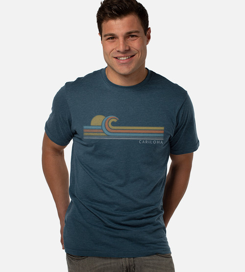 front view of model wearing retro sunset graphic tee