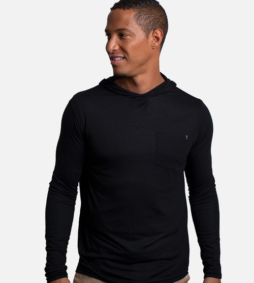 front view of model wearing black crossover hoodie